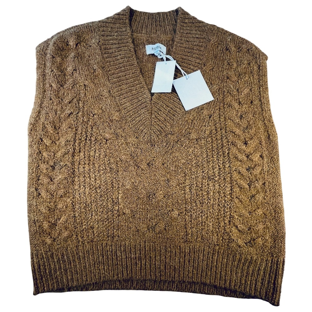 Pistola Sweater Vest Womens S Brown Chestnut Cable Knit V-Neck Alpaca Wool Blend